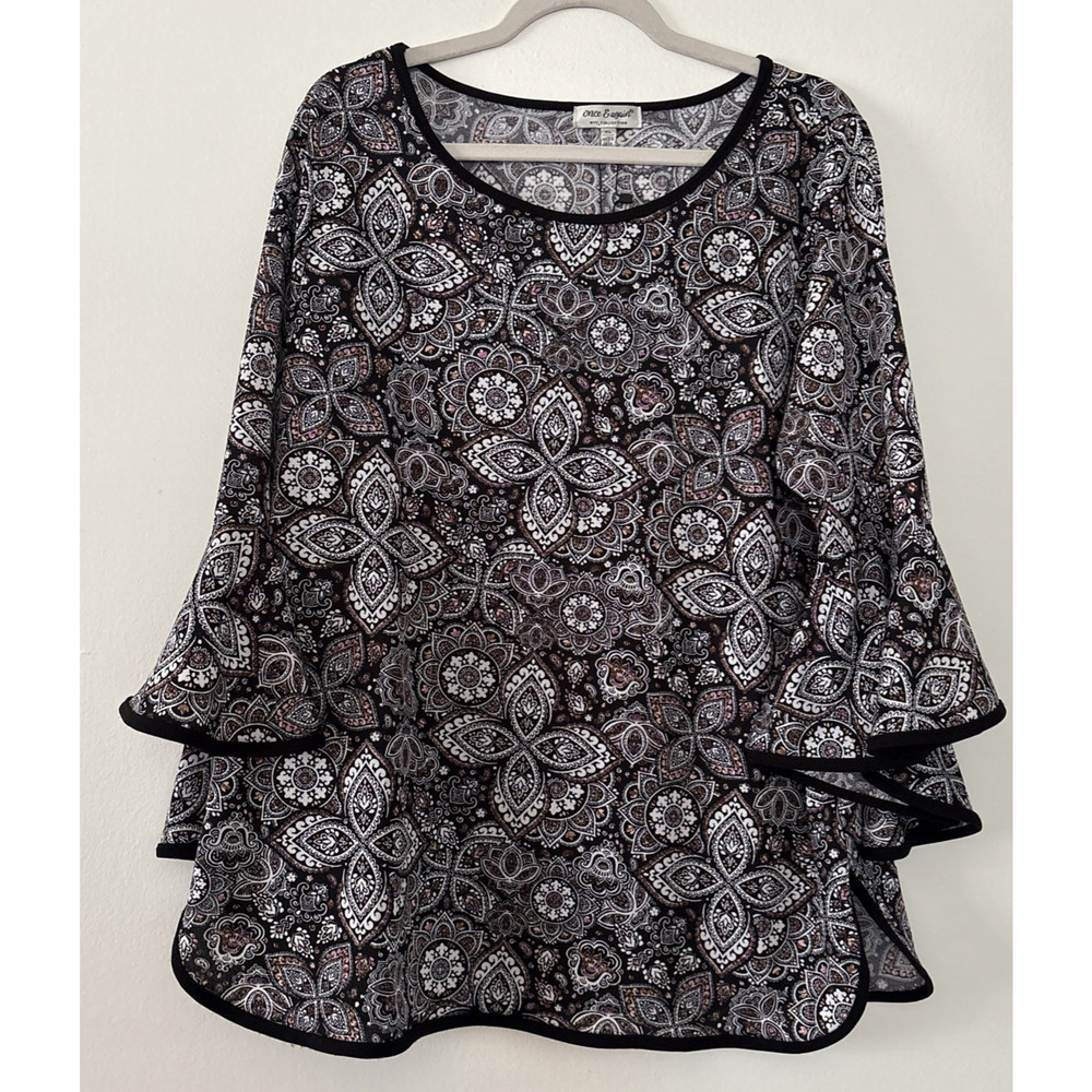 Once Again Colorful Paisley Pullover Top Flounce Ruffle 3/4 Sleeve Womens XL NWT